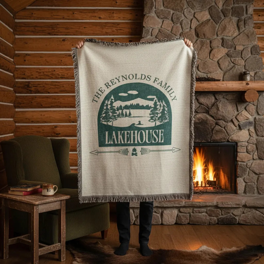 Rustic Family Lakehouse Personalized Woven Blanket